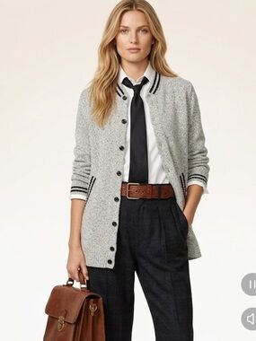 Preppy Gray & Black Button Down Knit Cardigan Sweater three-quarter inch sleeves